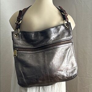FOSSIL MADDOX EXPLORER HOBO METALLIC GRAY LEATHER SHOULDER BAG